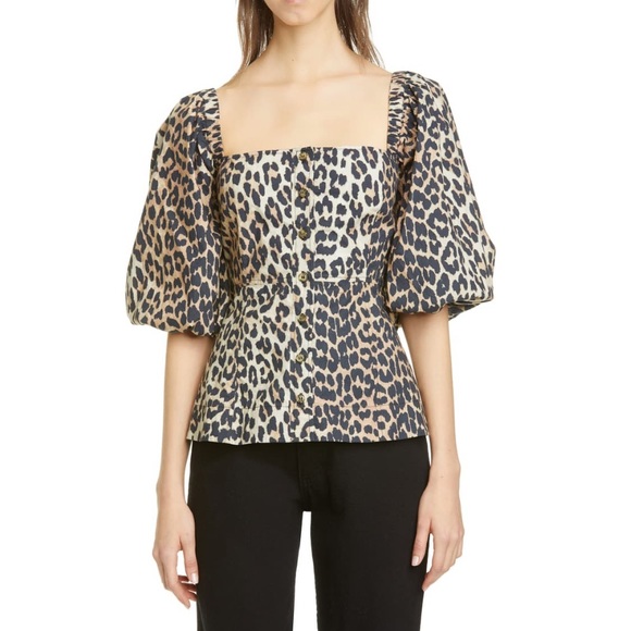 Ganni Tops - Ganni Leopard Print Puff-Sleeve Blouse NWT